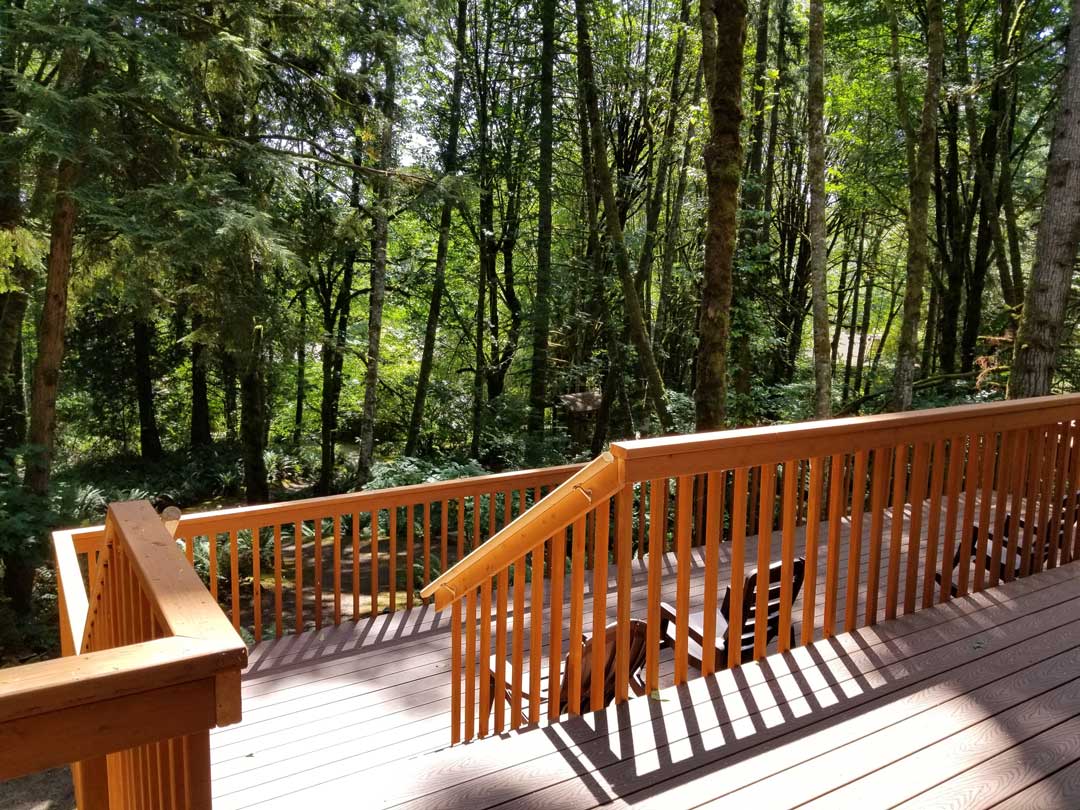 Deck of building with chairs, facing expansive forest in the spring. 